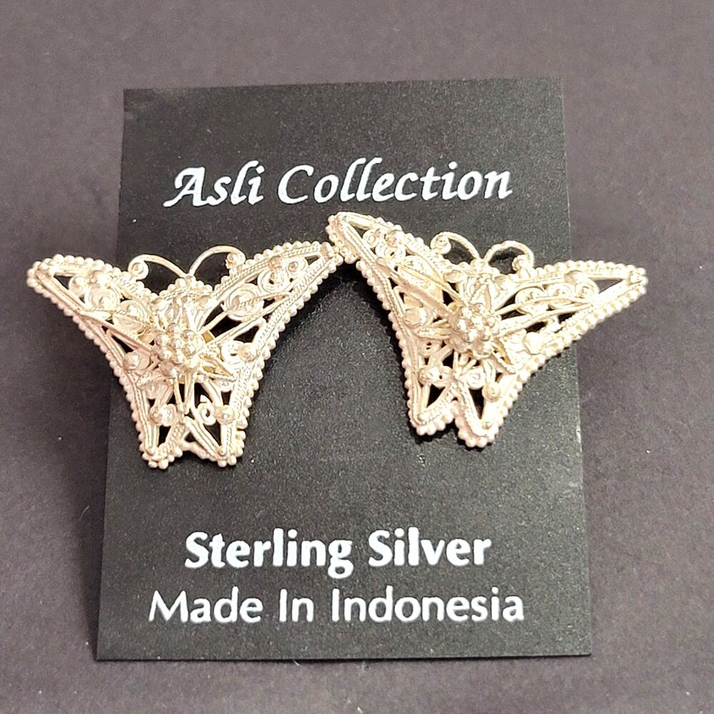 Vintage Indonesian Sterling Silver Filigree Butterfly Post Earrings 925 Asli